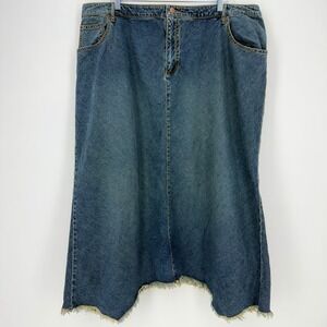 Venezia Vintage Blue Denim 90's Y2K Distressed Frayed Raw Edge Hem Maxi Skirt 24
